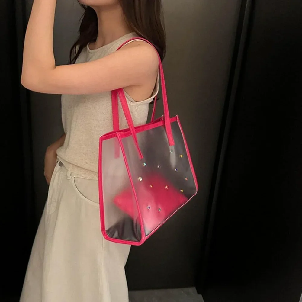 2Pcs Women's Transparent PVC Shoulder Bag Set Black for Beach Shopping